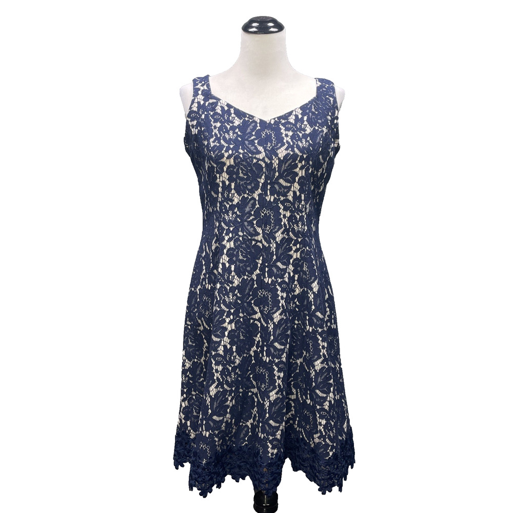 Roz Ali Womens 10 Navy Floral Lace Nude Sleeveless Fit Flare Dress Easter Church